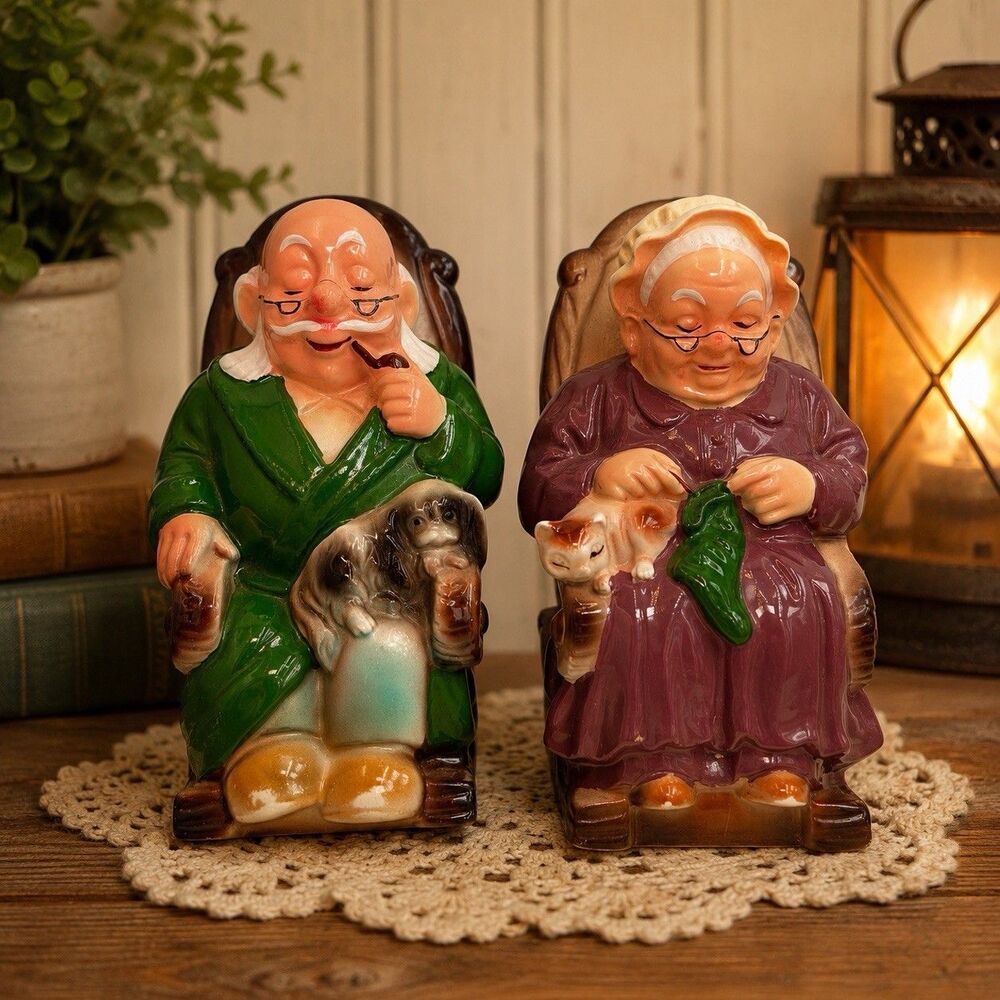 Vintage Grandma Grandpa Rocking Chair Retirement Fund Piggy Bank Pair Ceramic 6”